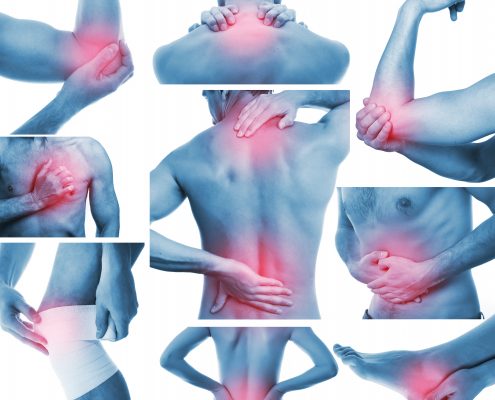 Collage with adult man and woman showing pain at several part of body